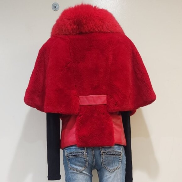 💥STUNNING!💥VTG 100% Lamb Leather, Genuine Fox & Rabbit Fur Cape Vest in Red - Picture 8 of 16